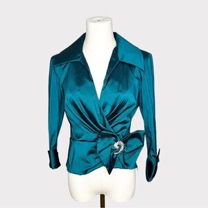 JS Collections Teal Satin Wrap Embellished Blouse (Sz S)
